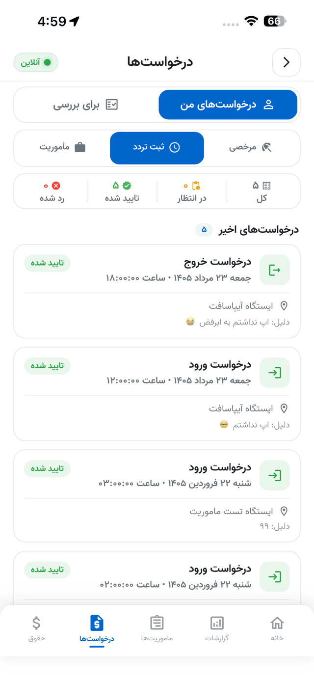 درخواست مرخصی و ماموریت در شیفتی